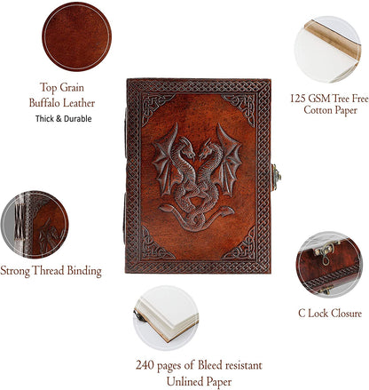 Handmade Leather Double Dragon Journal | Writing Notebook Diary | Bound Daily Notepad for Men & Women Unlined Paper Medium, Writing Pad for Artist, Sketch