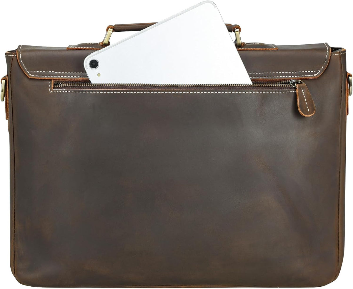 Polare Vintage Full Grain Leather Tote Briefcase 16" Laptop Messenger Bag