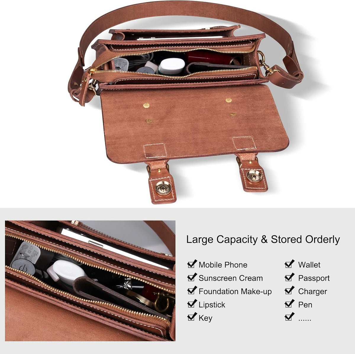 Genuine Leather Crossbody Satchels, Handmade, Full Grain Vegetable Tanned Leather Handbag with YKK Zipper